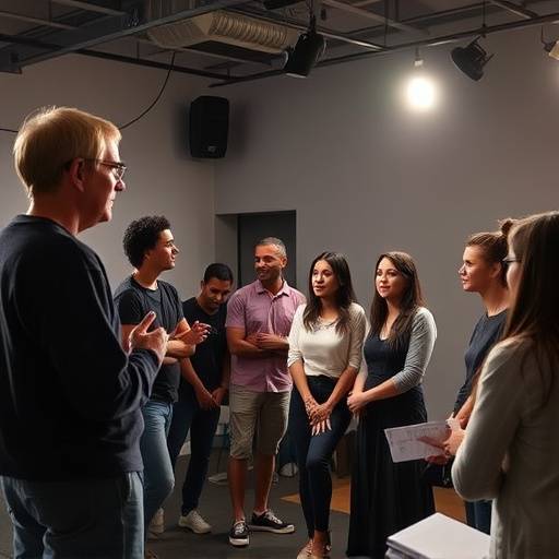 Alunos participando de uma aula de atuaäão com o professor em um estüdio em São Paulo