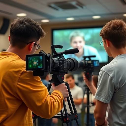 Alunos praticando uma cena em frente às câmeras durante uma aula de atuaäão para cinema.