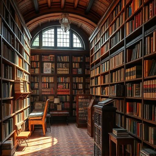 Biblioteca com livros, revistas e roteiros teatrais.