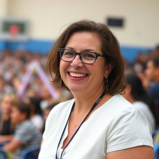 Foto de Mariana Silva, diretora da escola, sorrindo em frente ao palco.