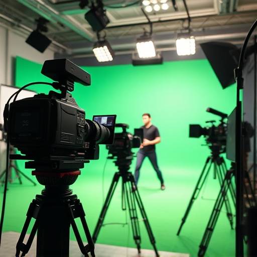 Sala de vídeo com câmeras, iluminaäão e chroma key para aulas de interpretaäão para cinema e TV.