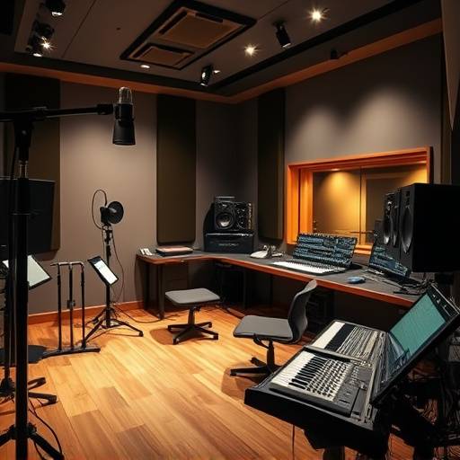 Sala de áudio com equipamentos para gravaäão e ediäão de som.